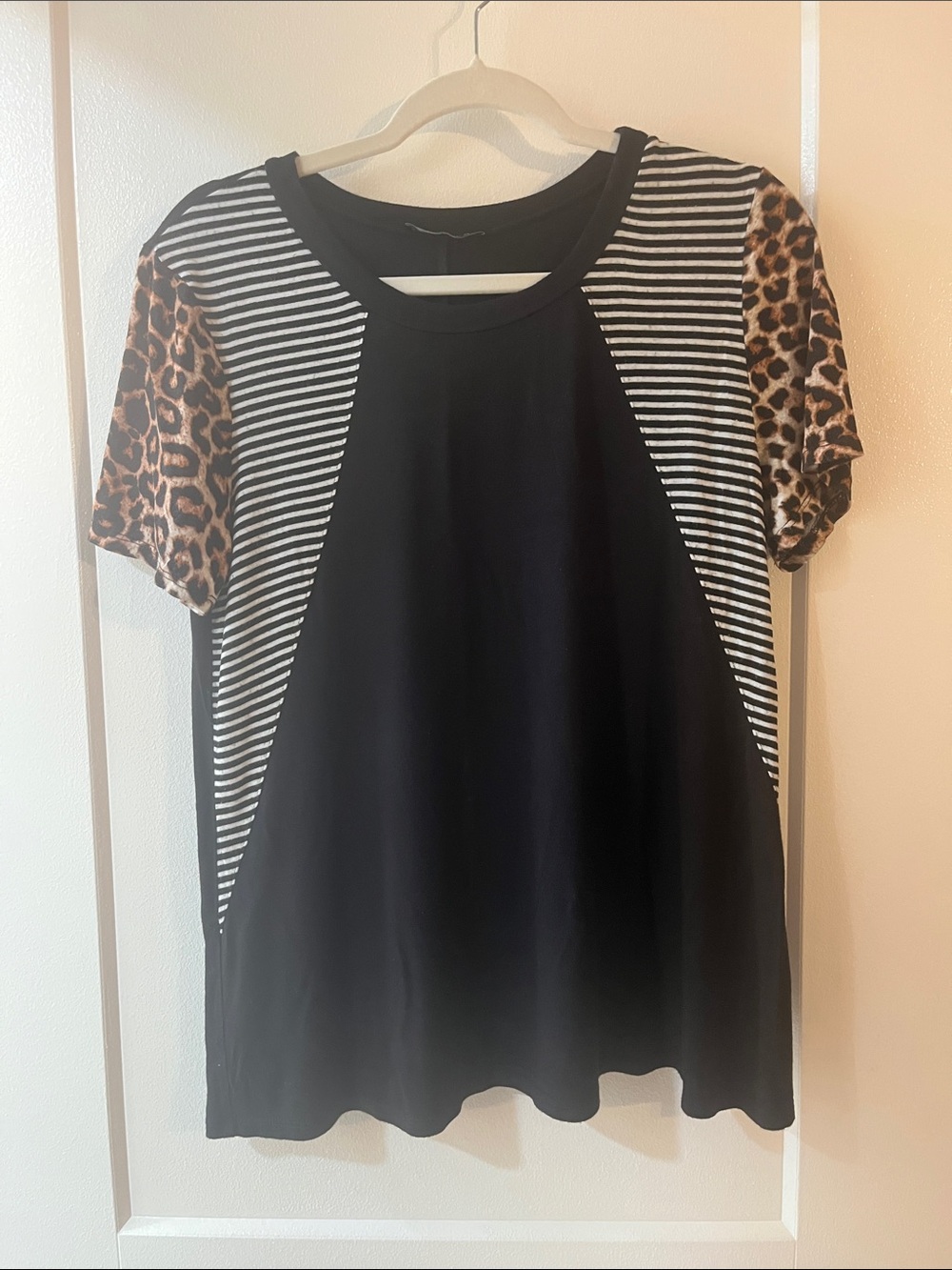 LAST CHANCE! Black Short Sleeve Tee with Striped Panels & Leopard Sleeves